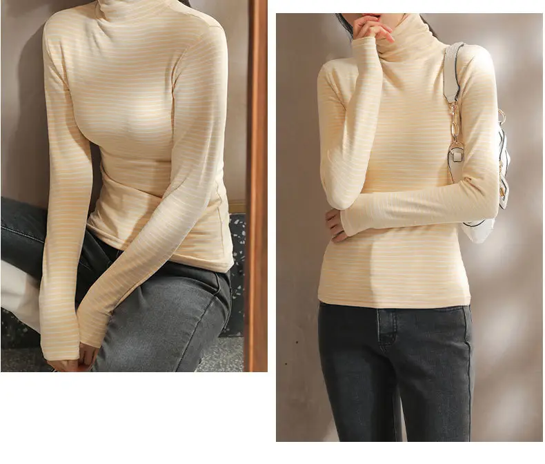 Women's Striped Turtleneck Shirt with Velvet Fleece Lining — feature 28