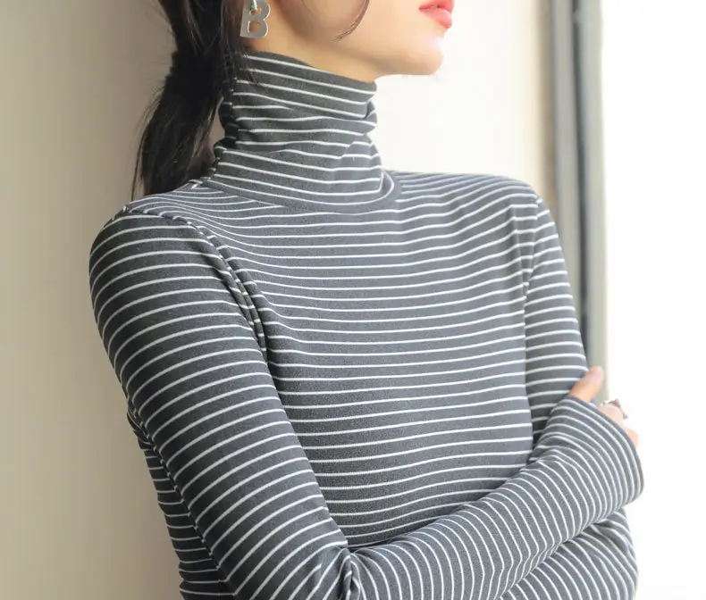 Women's Striped Turtleneck Shirt with Velvet Fleece Lining — feature 3