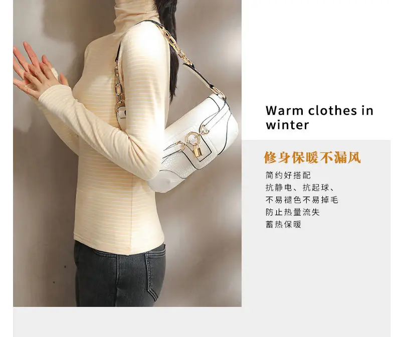 Women's Striped Turtleneck Shirt with Velvet Fleece Lining — feature 8