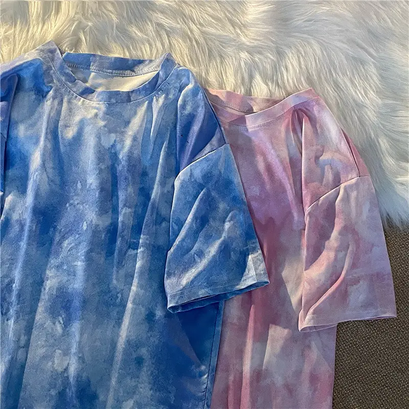 Blue Tie-Dyed Loose Sleeve T-Shirt for Women