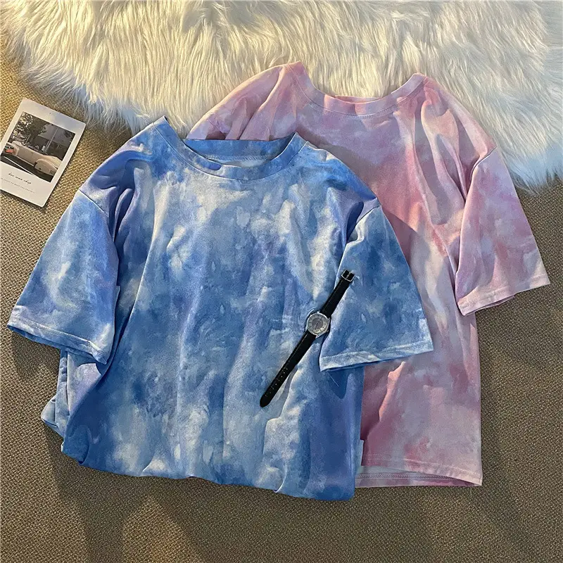 Blue Tie-Dyed Loose Sleeve T-Shirt for Women