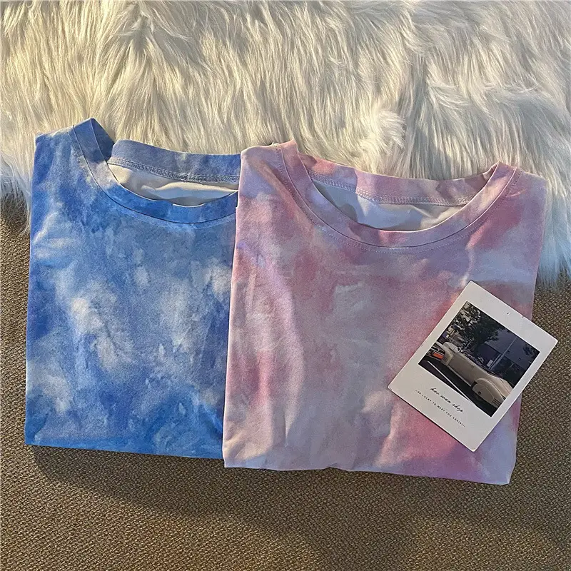 Blue Tie-Dyed Loose Sleeve T-Shirt for Women