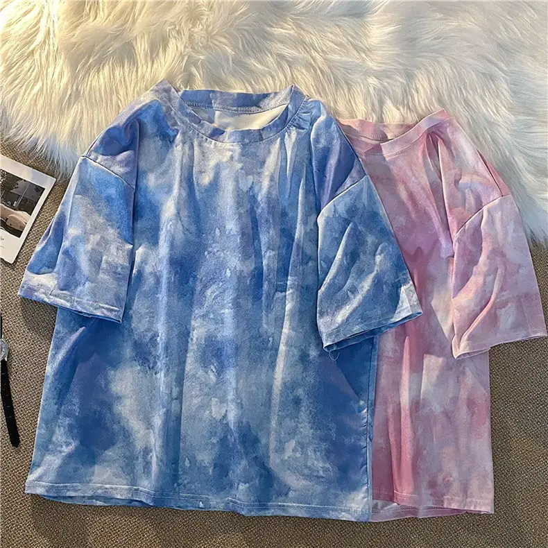 Blue Tie-Dyed Loose Sleeve T-Shirt for Women — feature 10