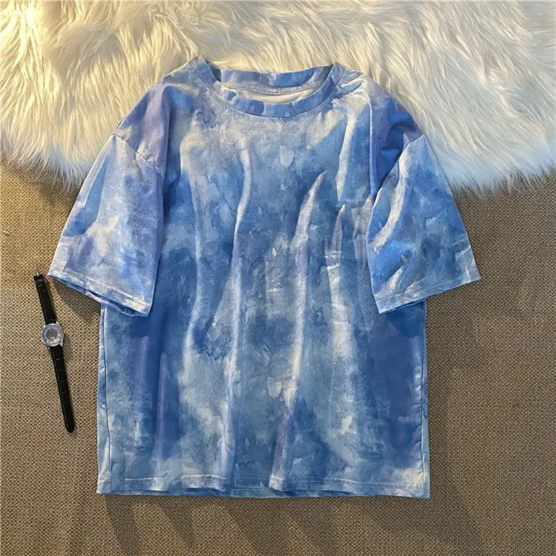 Blue Tie-Dyed Loose Sleeve T-Shirt for Women — feature 13