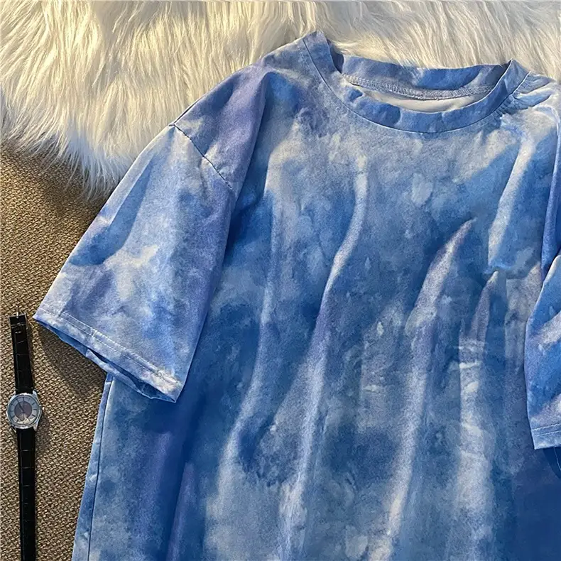 Blue Tie-Dyed Loose Sleeve T-Shirt for Women — feature 14