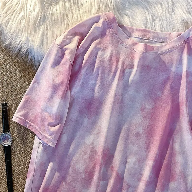 Blue Tie-Dyed Loose Sleeve T-Shirt for Women — feature 17