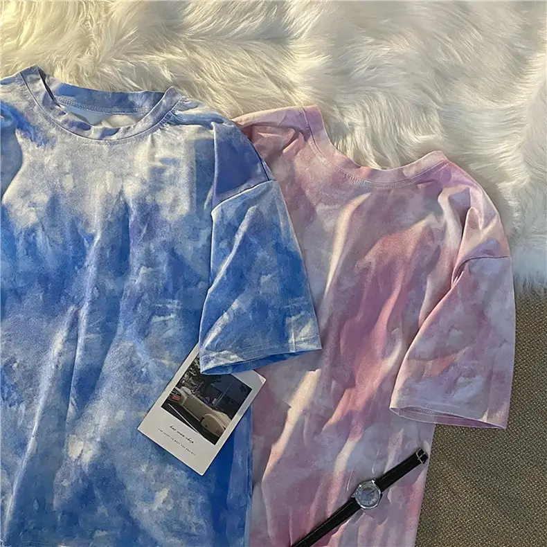 Blue Tie-Dyed Loose Sleeve T-Shirt for Women — feature 2