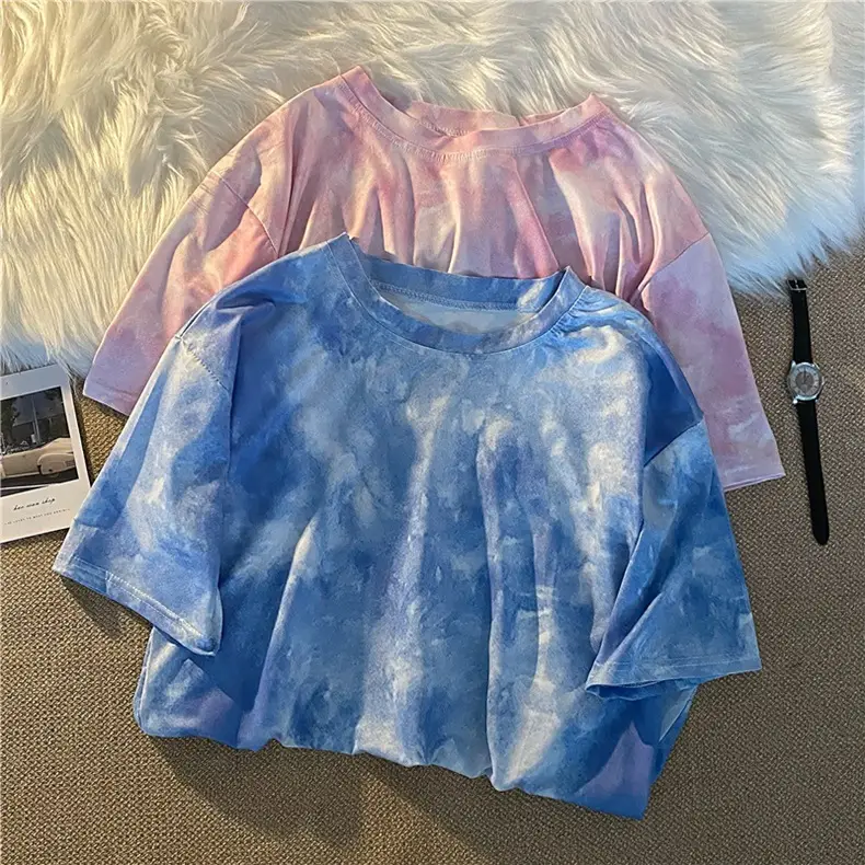 Blue Tie-Dyed Loose Sleeve T-Shirt for Women — feature 7