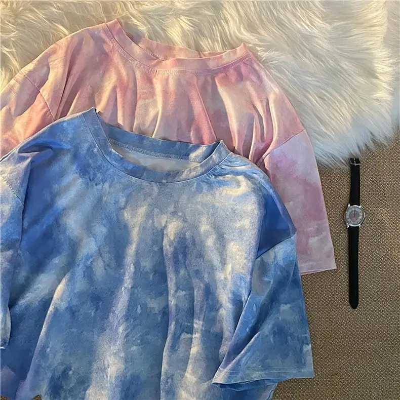 Blue Tie-Dyed Loose Sleeve T-Shirt for Women — feature 8