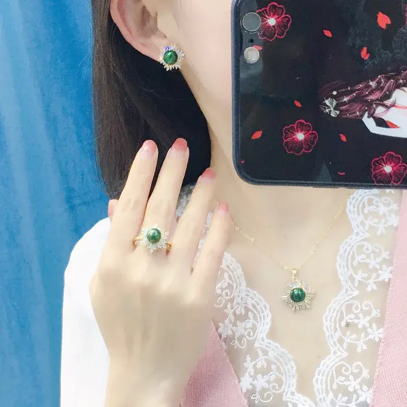 2021 Freshwater Pearl Set 8-9mm Peacock Green Black Pendant Earrings Ring 18K Pack Gold Light Luxury All-match Gift Giving - Image 21