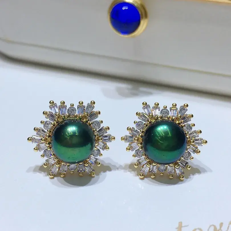 2021 Freshwater Pearl Set 8-9mm Peacock Green Black Pendant Earrings Ring 18K Pack Gold Light Luxury All-match Gift Giving - Image 2