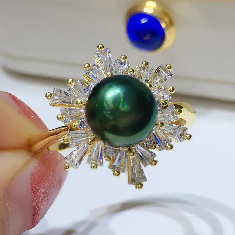 2021 Freshwater Pearl Set 8-9mm Peacock Green Black Pendant Earrings Ring 18K Pack Gold Light Luxury All-match Gift Giving - Image 3
