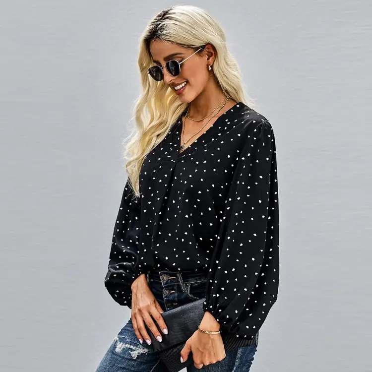 V-Neck Polka Dot Long Sleeve T-Shirt Black - Image 6