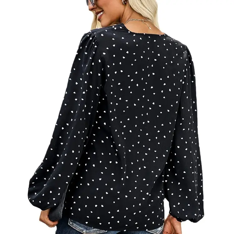 V-Neck Polka Dot Long Sleeve T-Shirt Black - Image 7