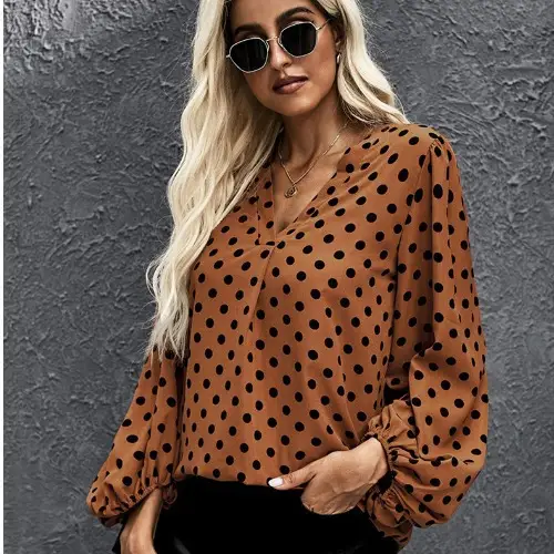 V-Neck Polka Dot Long Sleeve T-Shirt Black - Image 2