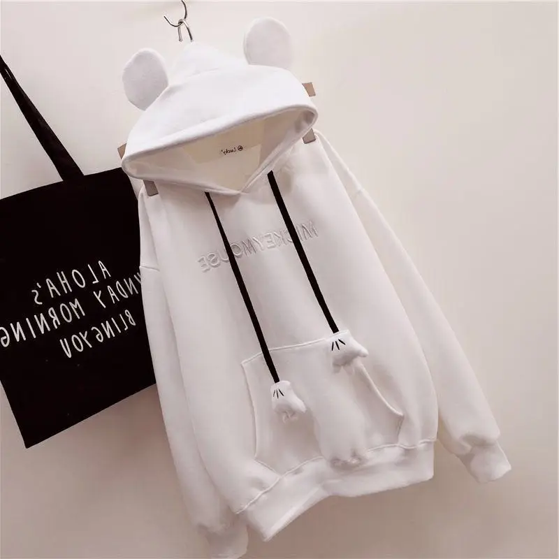 White Fleece Lined Hoodie with Mickey Ear Embroidery - Image 3