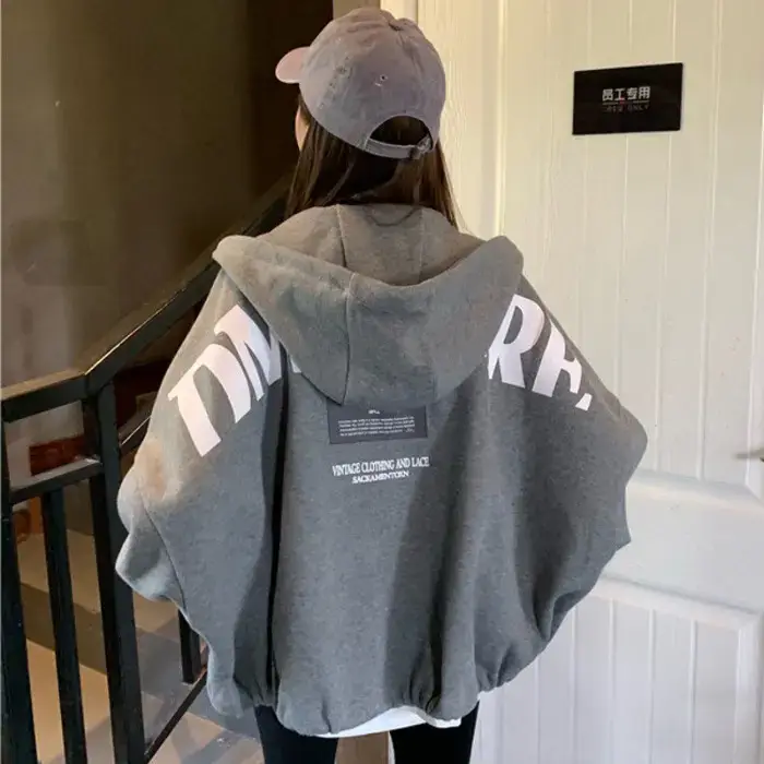 Women Fleece Hooded Sweatshirt Grey Zipper College Style - Image 3