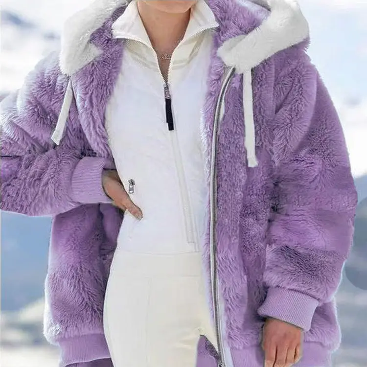 Women Wool Hooded Coat Grey Winter Warm Zipper - Image 12