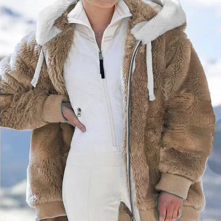 Women Wool Hooded Coat Grey Winter Warm Zipper - Image 2