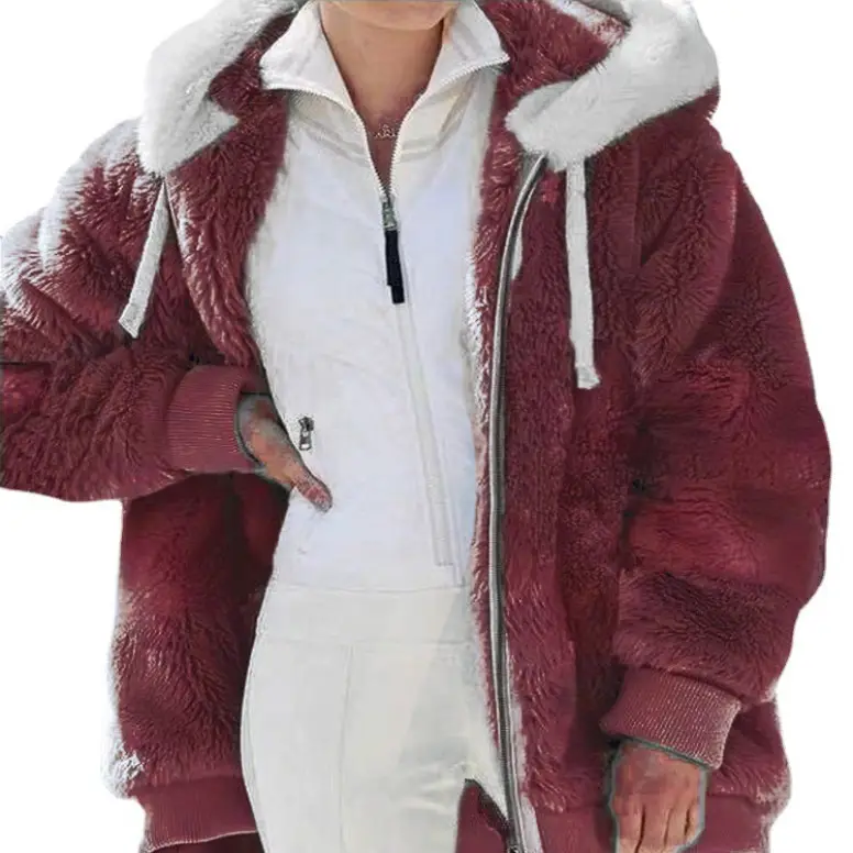 Women Wool Hooded Coat Grey Winter Warm Zipper - Image 14