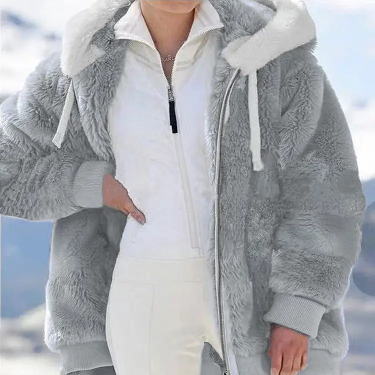 Women Wool Hooded Coat Grey Winter Warm Zipper - Image 10
