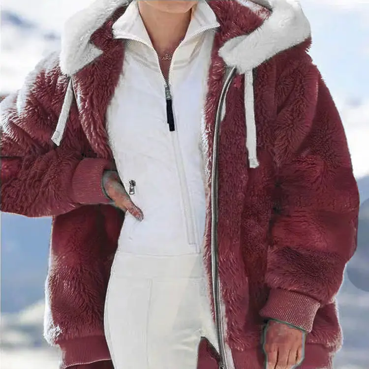 Women Wool Hooded Coat Grey Winter Warm Zipper - Image 3