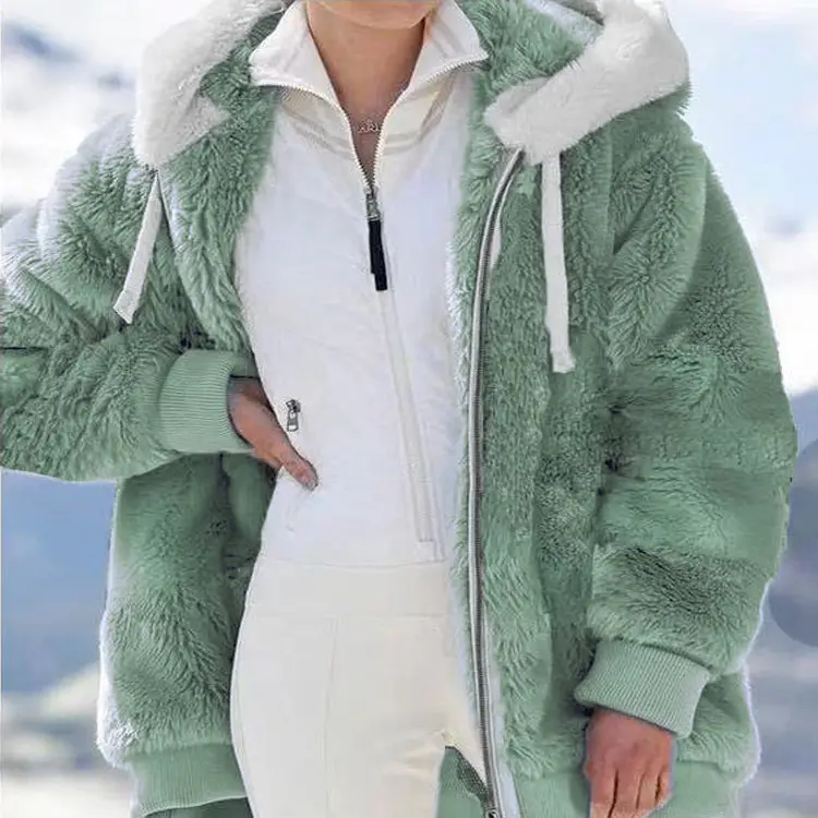 Women Wool Hooded Coat Grey Winter Warm Zipper - Image 5