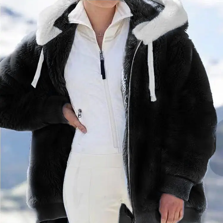 Women Wool Hooded Coat Grey Winter Warm Zipper - Image 6