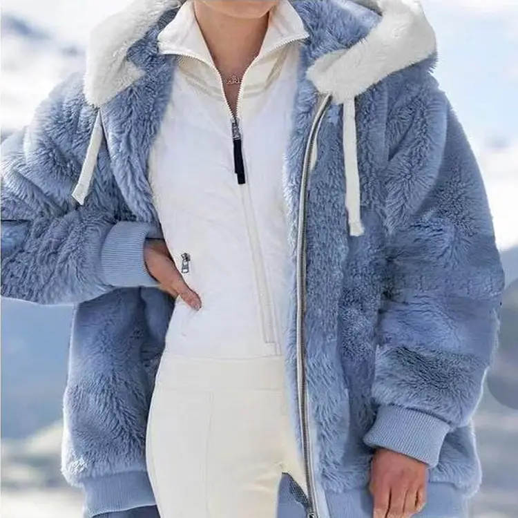 Women Wool Hooded Coat Grey Winter Warm Zipper - Image 7