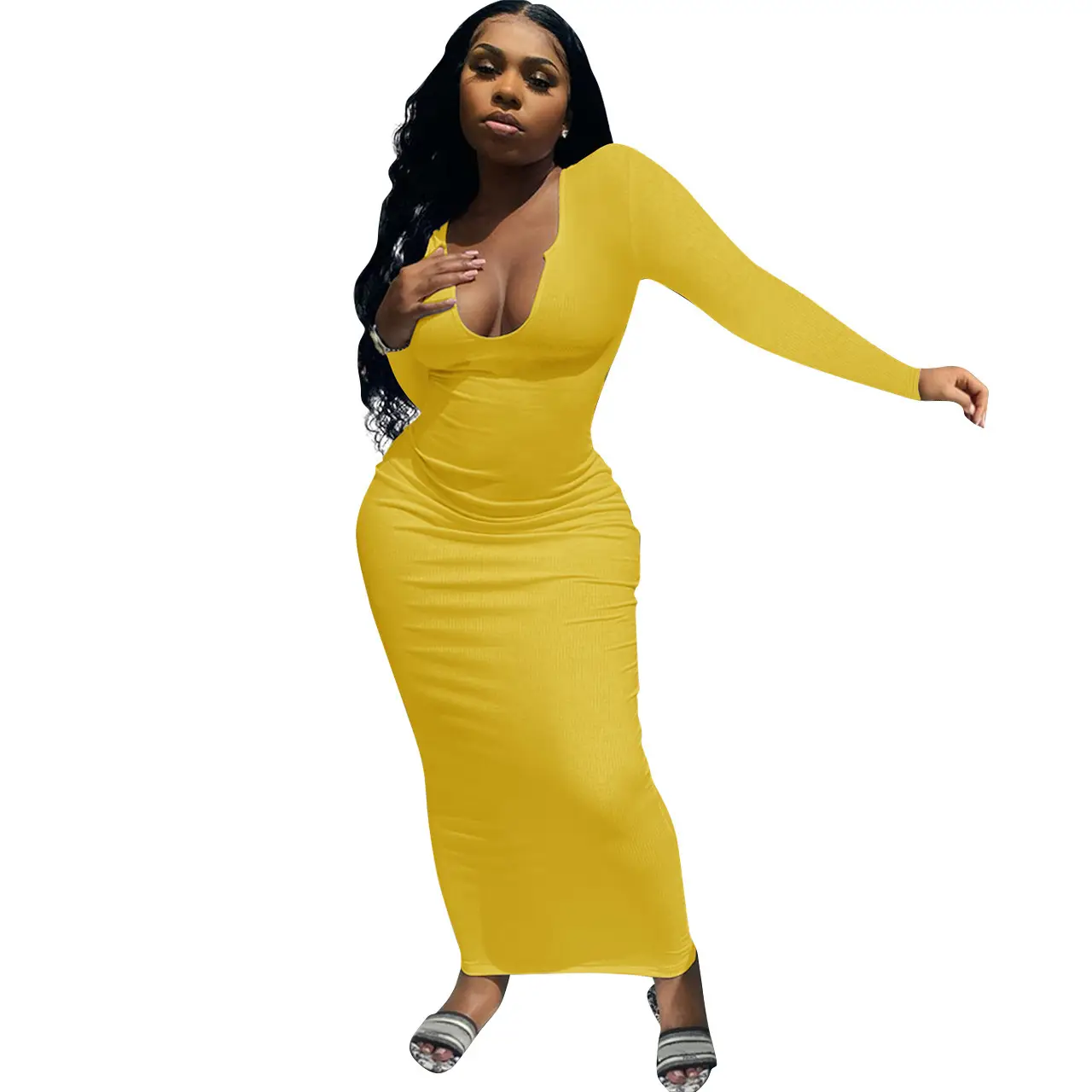 2022 Women's Yellow V-Neck Slim Fit Long Dress - Image 3