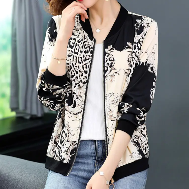 Women's Printed Chiffon Cardigan Jacket Black White Spring Autumn - Image 3
