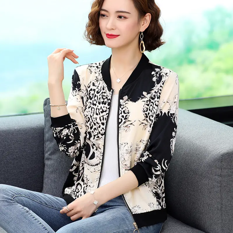 Women's Printed Chiffon Cardigan Jacket Black White Spring Autumn - Image 4