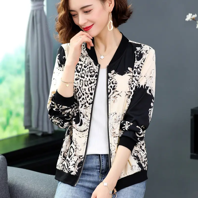 Women's Printed Chiffon Cardigan Jacket Black White Spring Autumn - Image 5