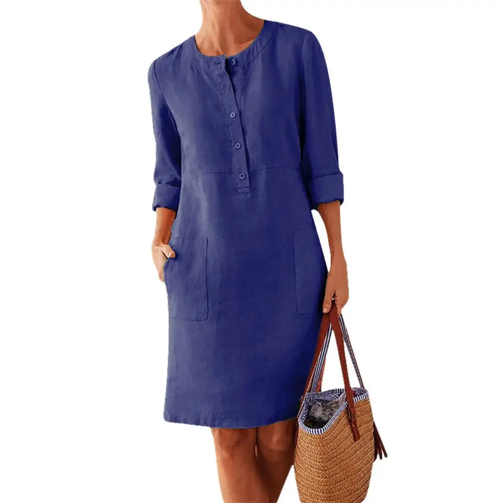 Plus Size Women Cotton Linen Round Neck Dress Grey