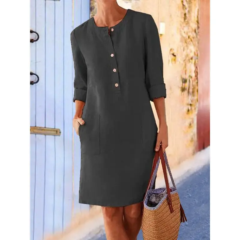 Plus Size Women Cotton Linen Round Neck Dress Grey