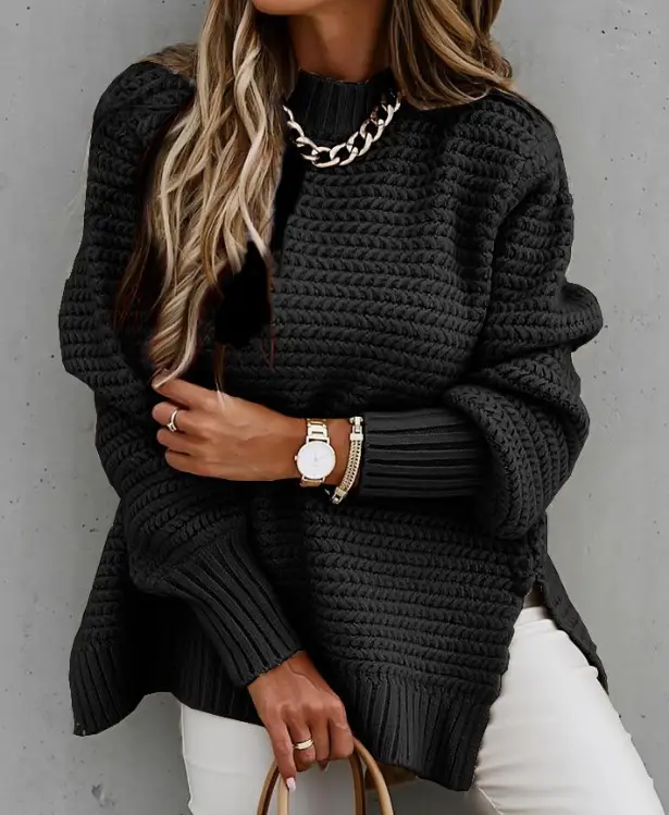 2020 Winter Black Knitted Half High Collar Sweater