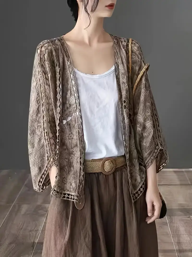 Women's Cross-Country Lace Crossbody Cardigan with 7-Piece Sleeve — feature 12