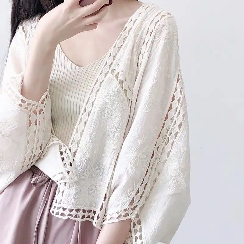 Women's Cross-Country Lace Crossbody Cardigan with 7-Piece Sleeve — feature 7