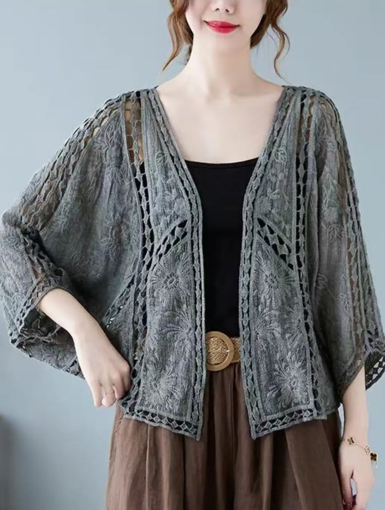 Women's Cross-Country Lace Crossbody Cardigan with 7-Piece Sleeve — feature 9
