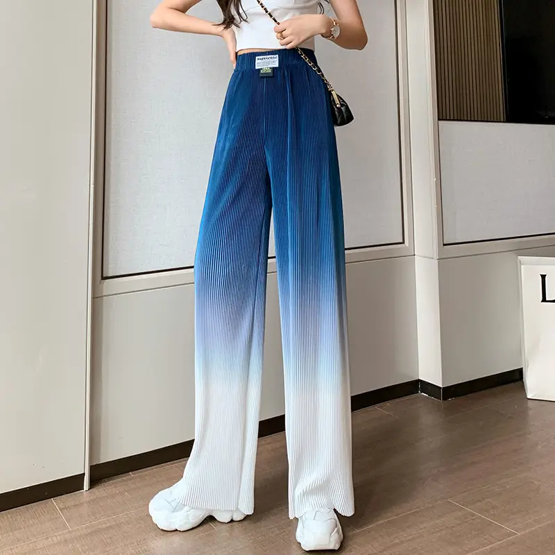 Women Blue Gradient Wide Leg Pants Summer Casual