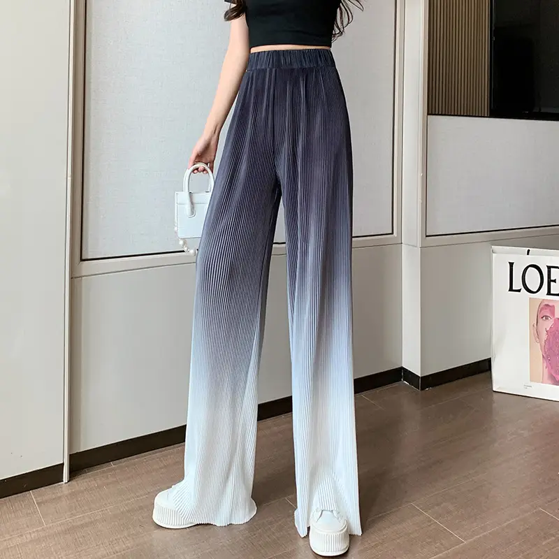 Women Blue Gradient Wide Leg Pants Summer Casual