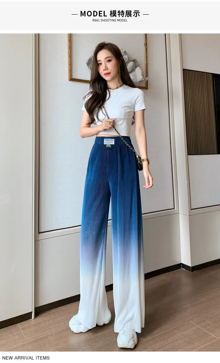 Women Blue Gradient Wide Leg Pants Summer Casual — feature 13