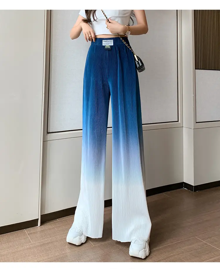 Women Blue Gradient Wide Leg Pants Summer Casual — feature 14