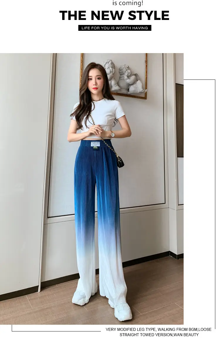 Women Blue Gradient Wide Leg Pants Summer Casual — feature 15