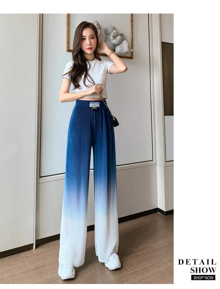 Women Blue Gradient Wide Leg Pants Summer Casual — feature 17