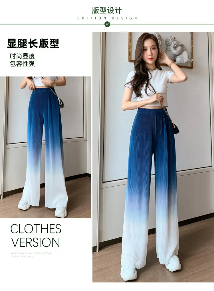 Women Blue Gradient Wide Leg Pants Summer Casual — feature 2