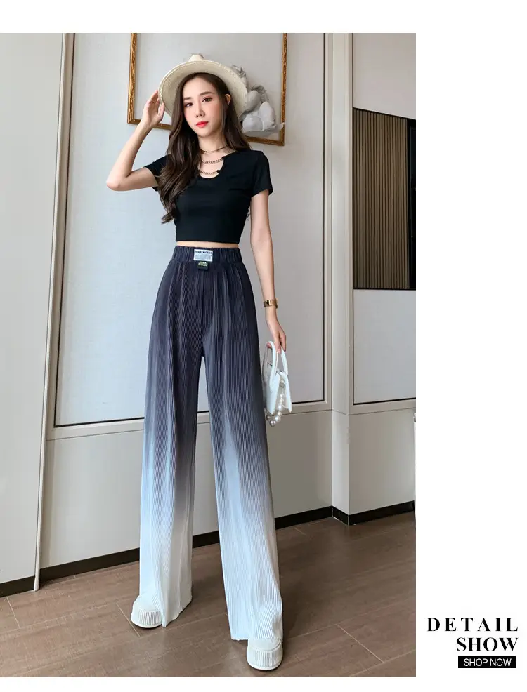 Women Blue Gradient Wide Leg Pants Summer Casual — feature 26