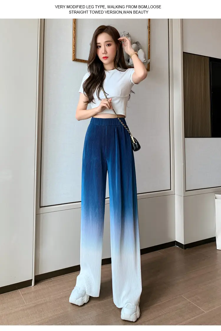 Women Blue Gradient Wide Leg Pants Summer Casual — feature 30