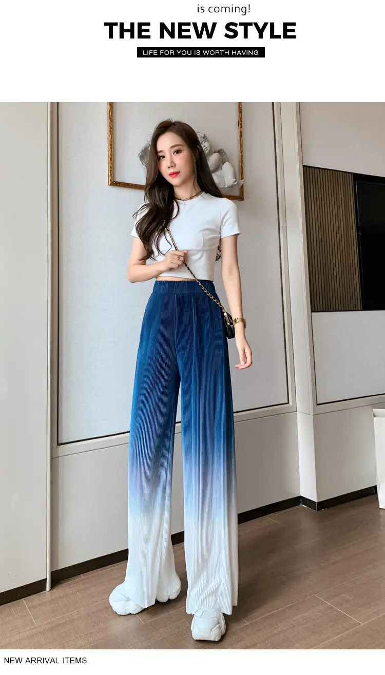 Women Blue Gradient Wide Leg Pants Summer Casual — feature 32