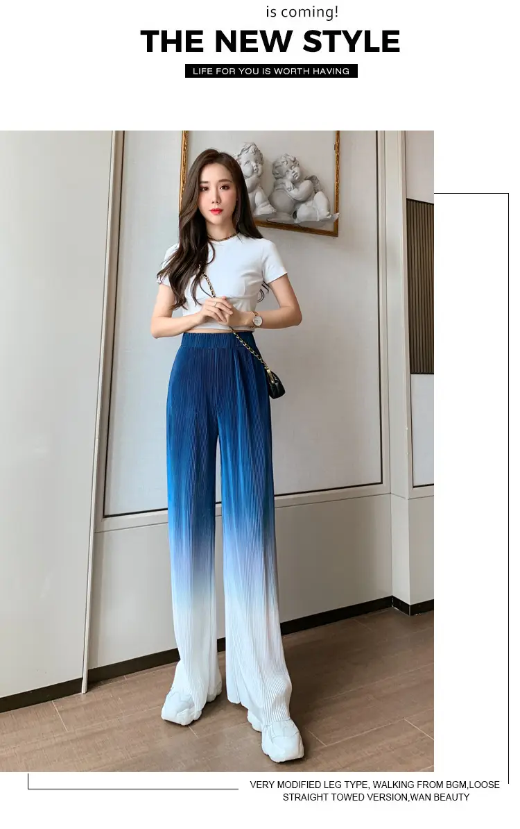 Women Blue Gradient Wide Leg Pants Summer Casual — feature 34